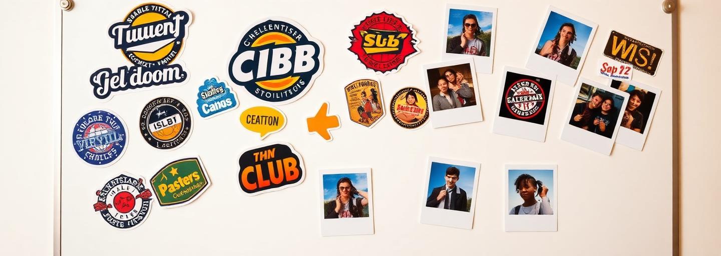 Student club stickers and polaroids of campus events pinned on a whiteboard